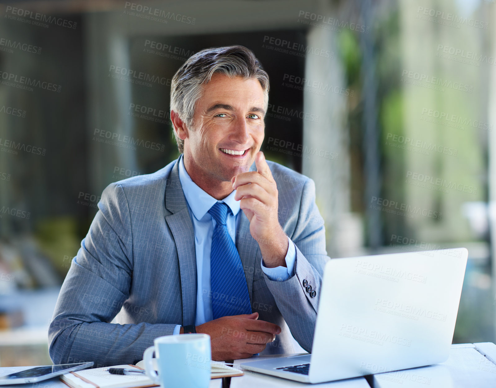 Buy stock photo Businessman, home and smile on laptop with pointing on portrait for research on project in Germany. Mature person, male employee and happy with pride in confidence on internet for stock market value