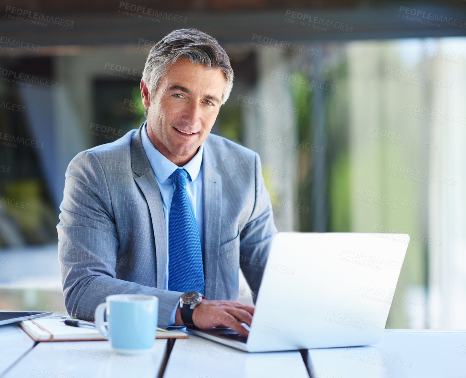 Buy stock photo Businessman, home and smile on laptop in portrait with pride for research on project in Germany. Mature person, male employee and happy with diary in confidence on internet for stock market value