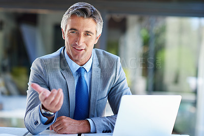 Buy stock photo Portrait, smile and mature man with laptop, outdoor and confidence of real estate agent, offer and digital. Happy, app and online for listing agreement, realtor and person with ambition in USA