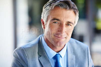 Buy stock photo Happy corporate businessman, portrait and smile with confidence for mature project manager, property developer or entrepreneur. Real estate, CEO and outside for urban development with career pride