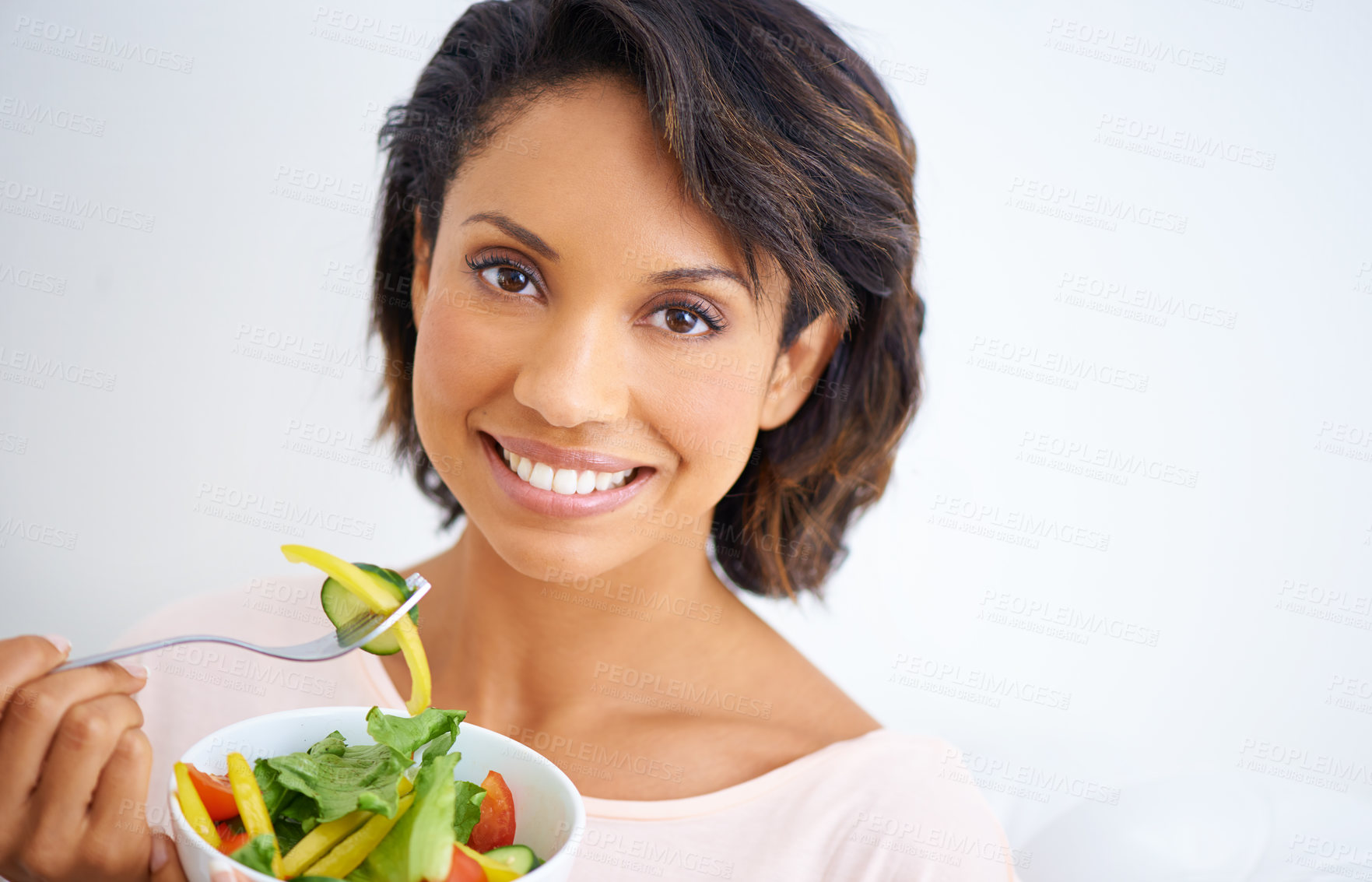 Buy stock photo Eating, salad and portrait of happy woman with nutrition, health and wellness in diet. Healthy food, fruit and vegetables in bowl for lunch on sofa in home living room with happiness and a smile