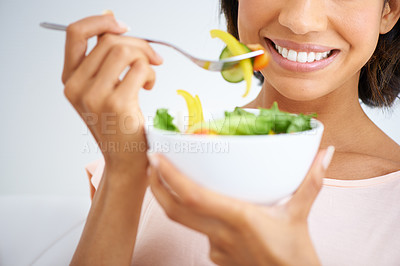 Buy stock photo Smile, health and closeup of woman with salad in studio with vegetables for wellness, organic or diet. Happy, nutrition and zoom of female person eating healthy meal with produce by white background.