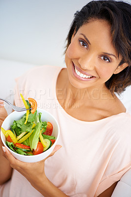 Buy stock photo Eating, salad and portrait of happy woman with nutrition, health and wellness in diet. Healthy food, fruit and vegetables in bowl for lunch on sofa in home living room with happiness and a smile