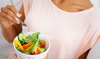Buy stock photo Nutrition, health and closeup of woman with a salad at home with vegetables for wellness, organic or diet. Food, vitamins and zoom of female person from Mexico eating healthy meal with produce.