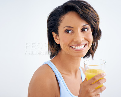 Buy stock photo Fitness, studio and face of woman with juice, smile and healthy breakfast diet for weight loss. Nutrition, detox and wellness, happy girl with vitamin c drink in glass on white background mockup.