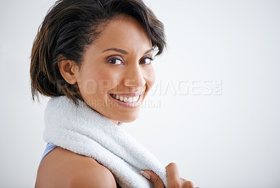 Buy stock photo Fitness, face portrait and happy woman with towel for sweat after cardio exercise, pilates practice or yoga club. Sports athlete, studio training and model smile for challenge on white background