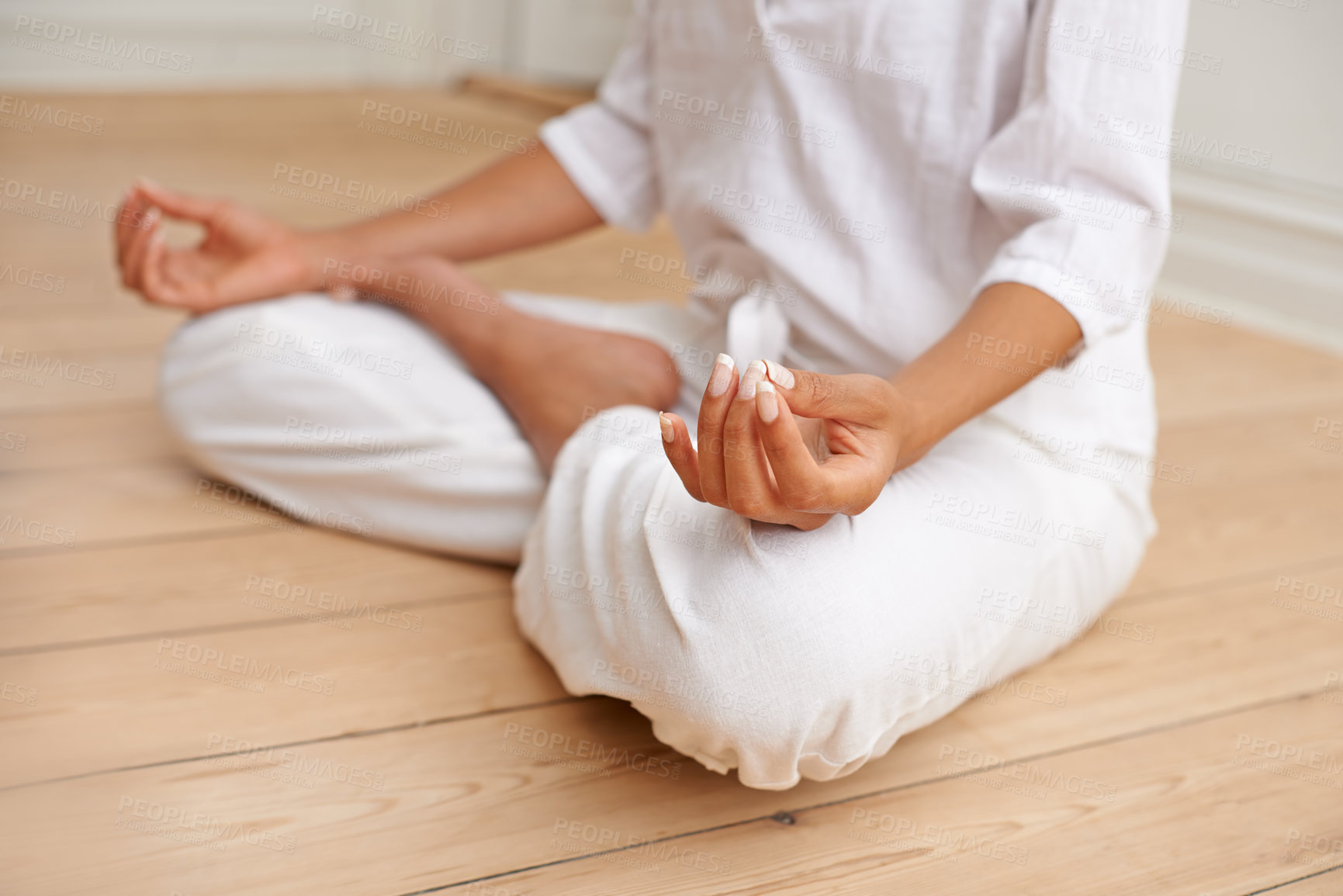 Buy stock photo Relax, lotus and yoga, hands of woman on floor in gym for peace and mindfulness training. Zen, meditation and mind challenge, girl in workout for chakra balance, spiritual care and soul wellness.