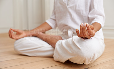 Buy stock photo Zen, lotus and yoga, hands of woman on floor in gym for peace and mindfulness training. Relax, meditation and mind challenge, girl in workout for chakra balance, spiritual care and soul wellness.