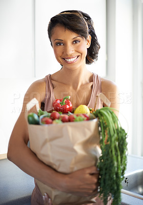 Buy stock photo Happy woman, portrait and shopping bag with groceries, vegetables or fresh produce in kitchen at home. Female person, shopper or vegan smile with food from grocery for salad or healthy diet at house