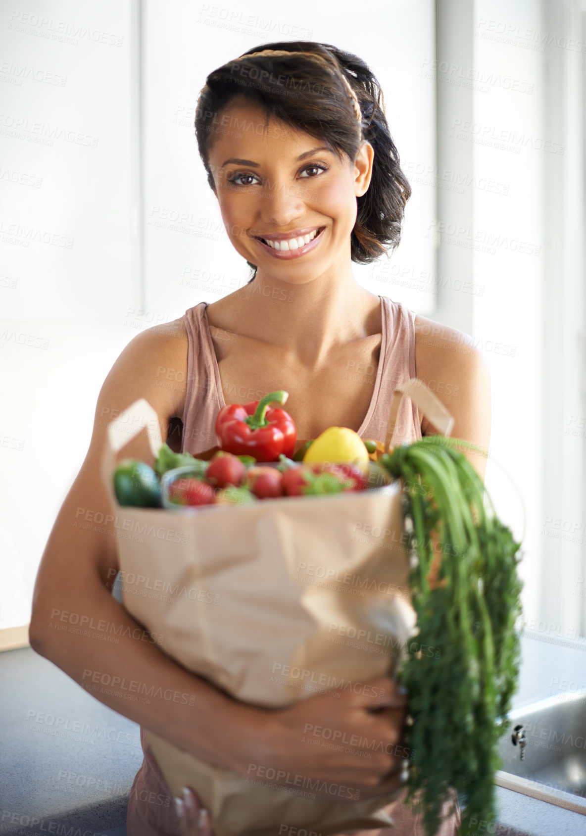 Buy stock photo Happy woman, portrait and shopping bag with groceries, vegetables or fresh produce in kitchen at home. Female person, shopper or vegan smile with food from grocery for salad or healthy diet at house