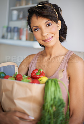Buy stock photo Happy woman, portrait and grocery bag with vegetables or fresh produce in kitchen at home. Female person, shopper or vegan smile with food or groceries for salad, cooking or healthy diet at house