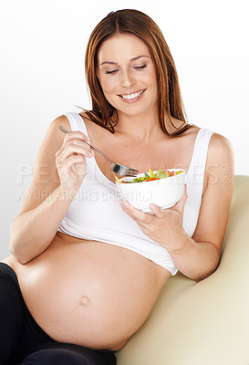 Buy stock photo Relax, salad and pregnant with woman, smile and healthy food on a white studio background. Person, bowl and model with happiness, wellness or pregnancy with vegetables, vitamins or maternal with meal