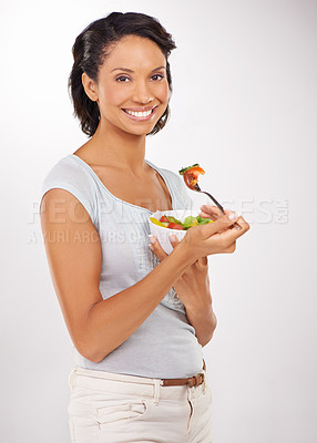 Buy stock photo Happy woman, portrait and salad for fruit diet, snack or natural nutrition against a studio background. Female person smile with organic food bowl for fiber, vitamins or healthy meal in wellness