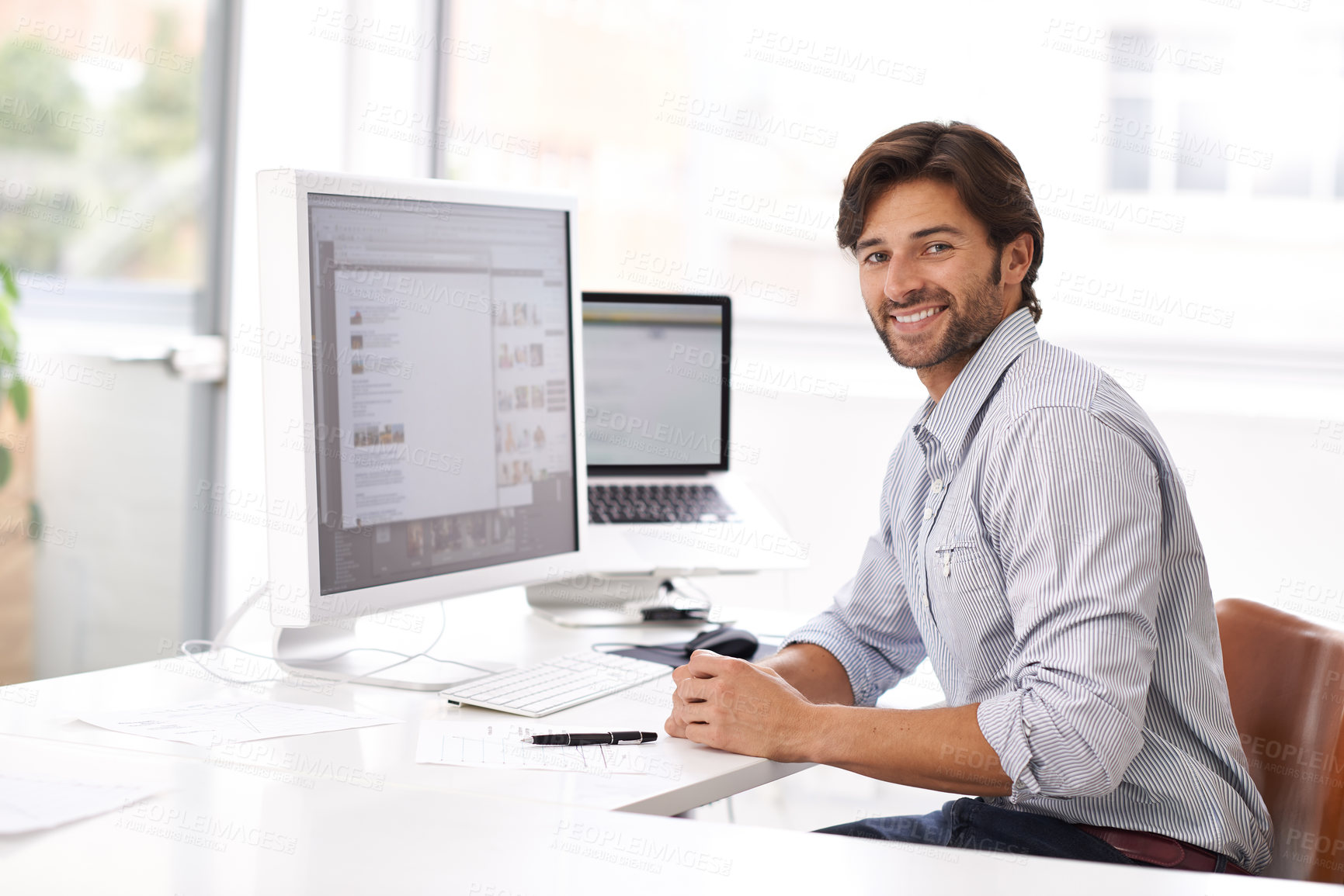 Buy stock photo Business man, job portrait and computer coding of a IT professional at a office desk. Typing, cyber company and digital website design of a online employee with pc technology at a startup workplace