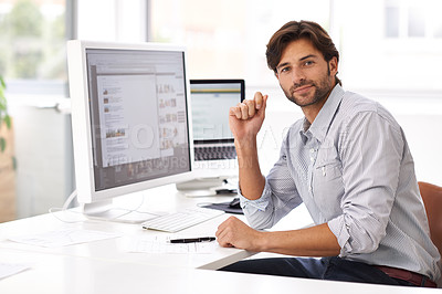 Buy stock photo Business man, web design portrait and computer of a IT professional at a office desk. Typing, cyber company and digital website iot of a online employee with pc technology at a startup workplace