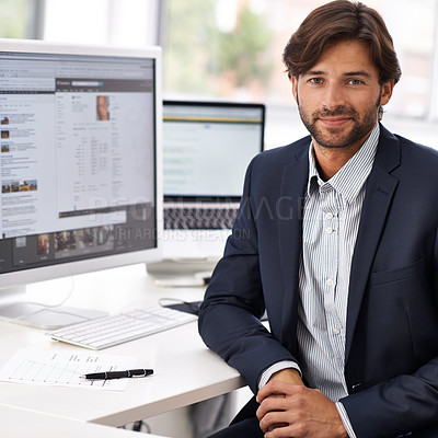 Buy stock photo Portrait, office and businessman at desk with computer, screen and HR website online. Human resources, recruitment career and professional with confidence, internet research and consulting agency.
