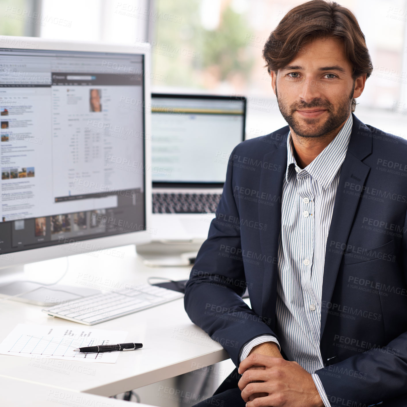 Buy stock photo Portrait, office and businessman at desk with computer, screen and HR website online. Human resources, recruitment career and professional with confidence, internet research and consulting agency.