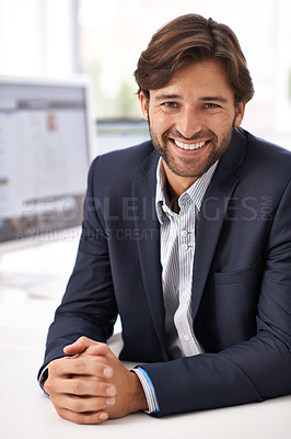 Buy stock photo Portrait, smile and businessman at tech startup with computer, website and small business online. Professional, ux design and entrepreneur at desk with confidence, internet research and creativity.