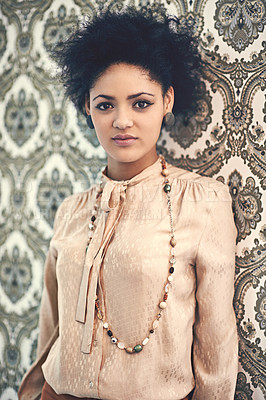 Buy stock photo Black woman, portrait and serious with vintage fashion for classic, old school and 70s style with gen x. Female person, retro clothes and accessories for unique look, trendy and antique wallpaper