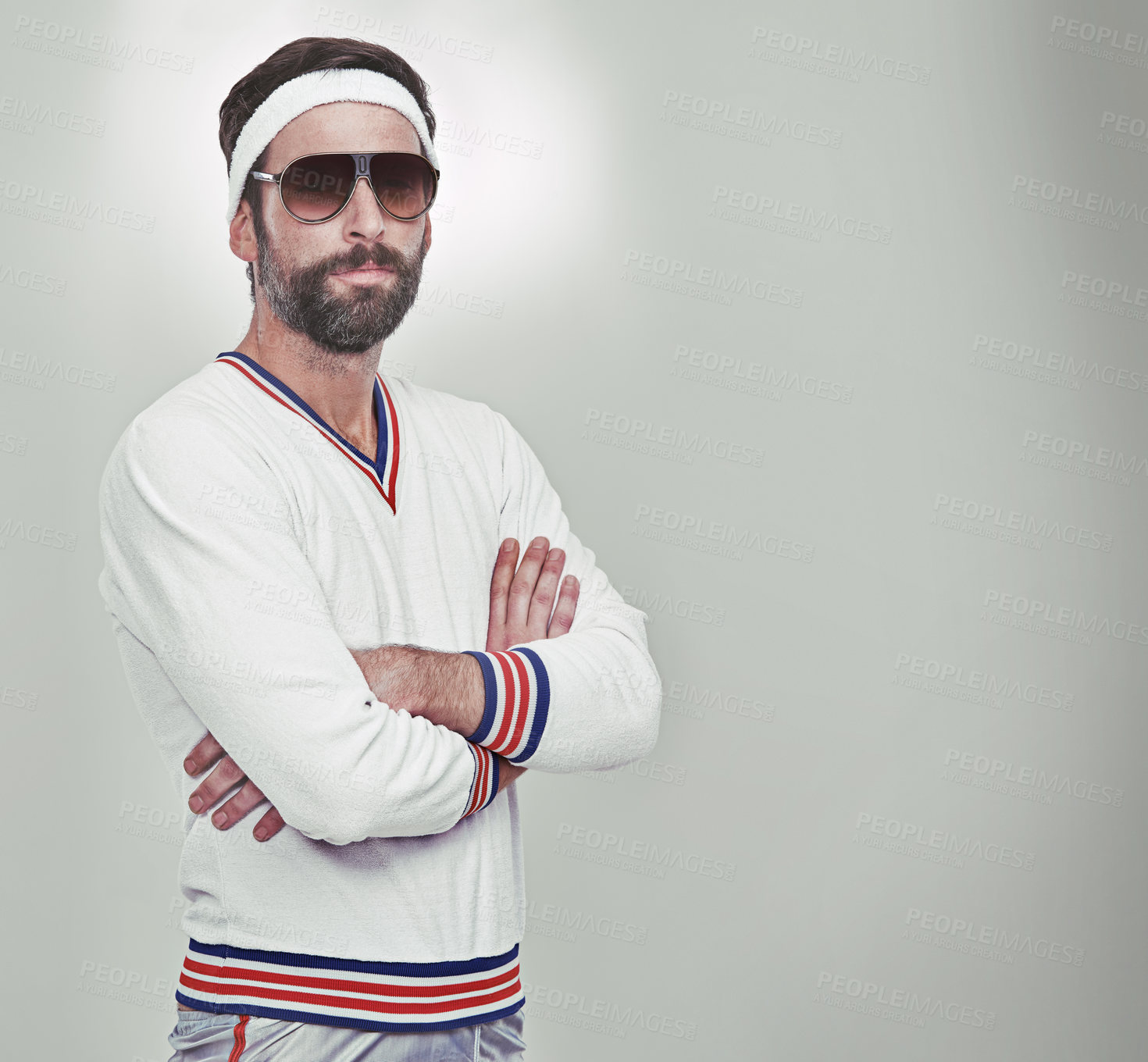 Buy stock photo Portrait, man and vintage as tennis player with confidence, outfit or mockup space as athlete. Male person, style and arms crossed for retro fashion, game or challenge in fitness on studio background