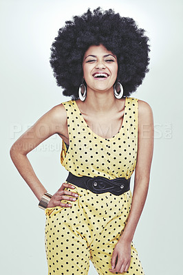 Buy stock photo Portrait, woman and fashion in studio with smile, white background and confident in colourful outfit for summer look. Afro, style and elegance with casual look in glamour, accessories and happy 