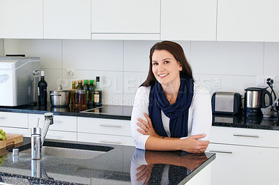 Buy stock photo Woman, kitchen and portrait with smile in home, chef and employee for small business. Catering, relax and calm for female cook, apartment and meal prep professional for working in private household 