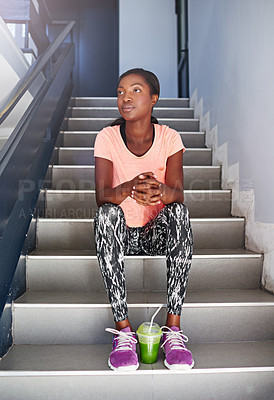 Buy stock photo Fitness, steps and thinking with sports black woman on break for training or workout routine. Exercise, idea and smoothie for health, diet or nutrition with athlete person on staircase for recovery