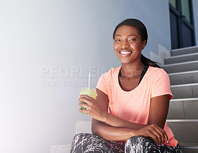 Buy stock photo Happy, portrait or black woman with smoothie on staircase for fitness, detox or health and wellness. Young African, female person or runner with smile, shake or organic beverage for nutrition or diet