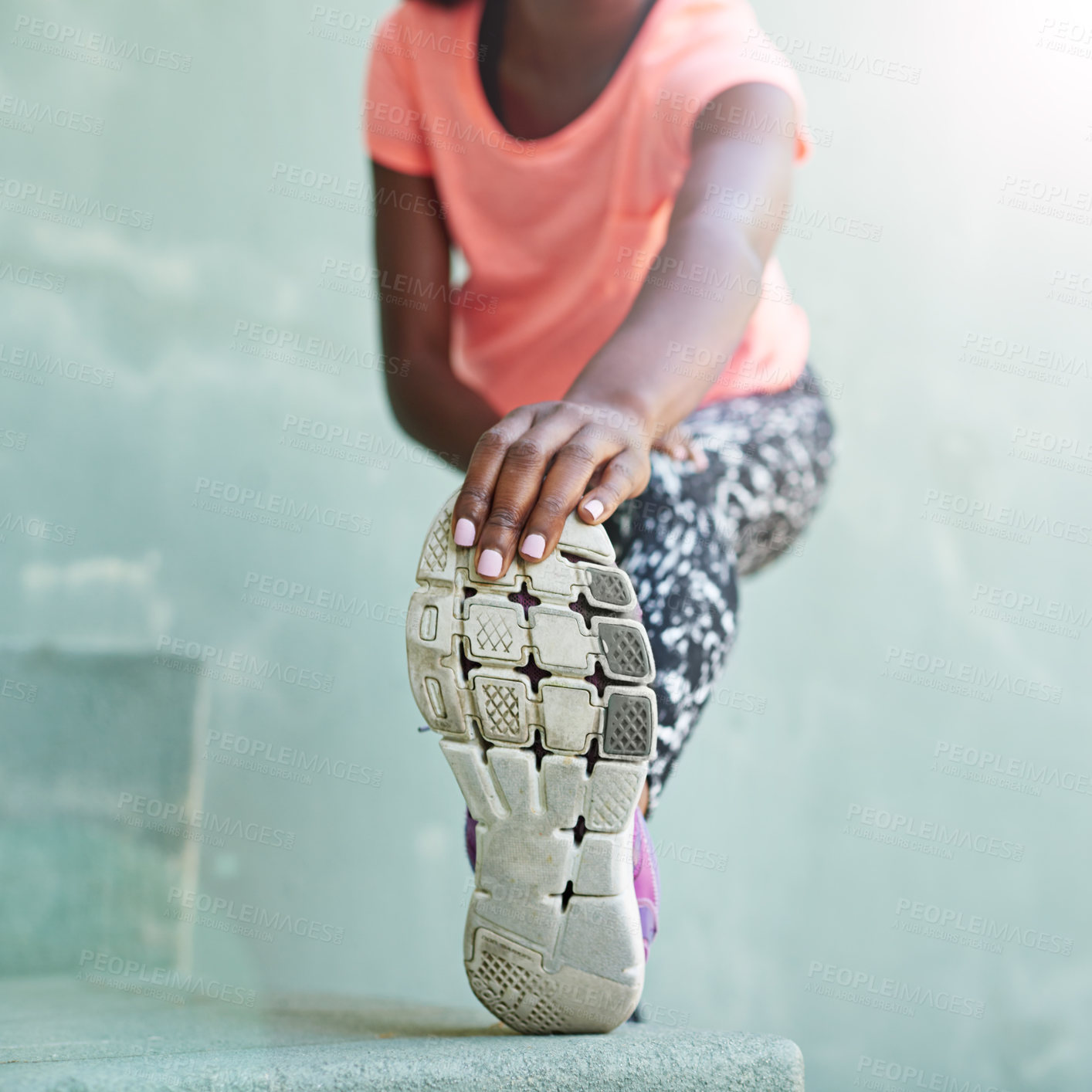 Buy stock photo Black woman, hands and stretching with foot for fitness, exercise or workout preparation on step. Closeup, African or female person with shoe for warm up or getting ready for training or run