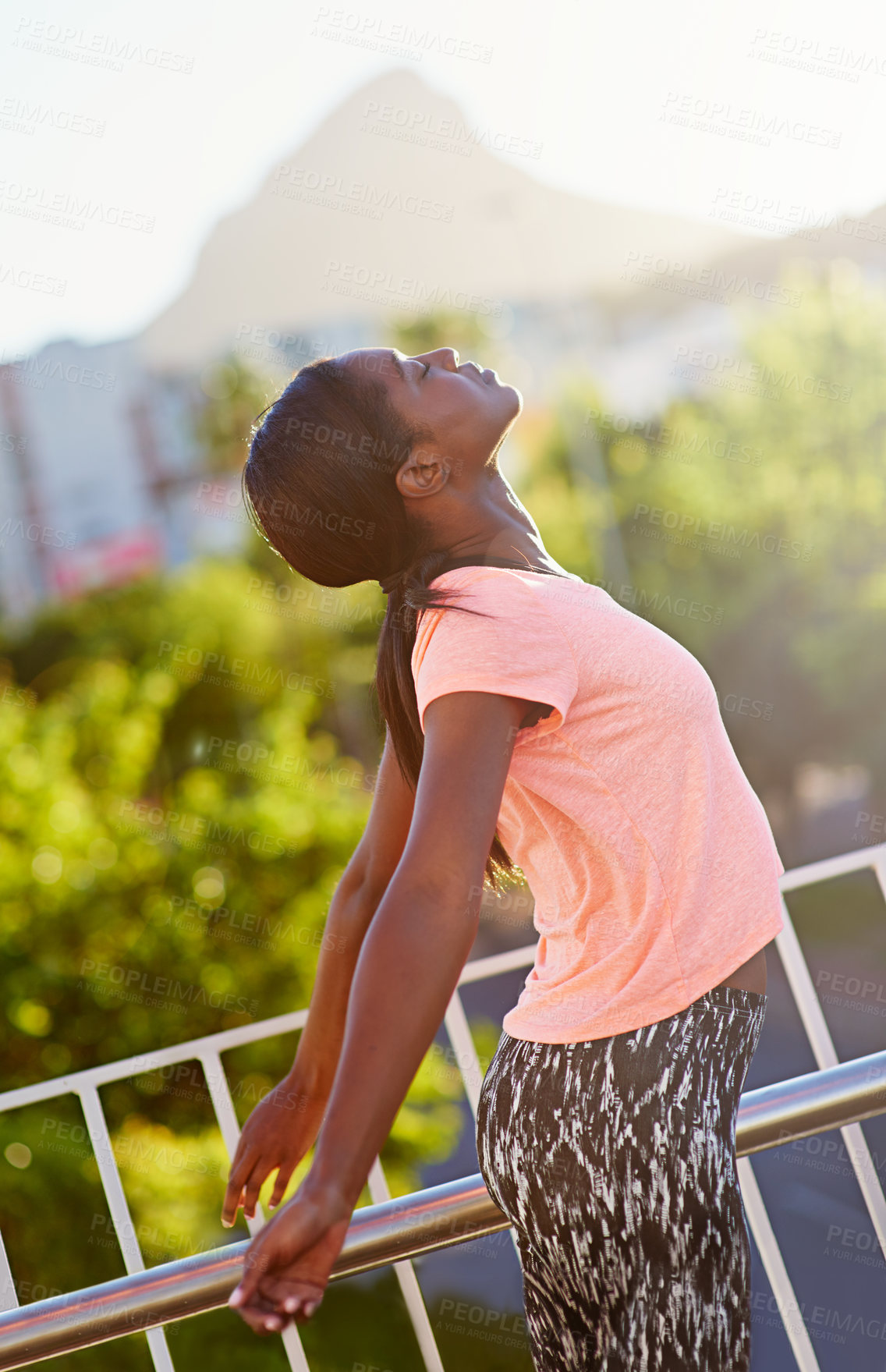 Buy stock photo Black woman, fitness and stretching with body in city for relief, freedom or breathing exercise. Young African, female person or runner in warm up, preparaption or getting ready for outdoor workout