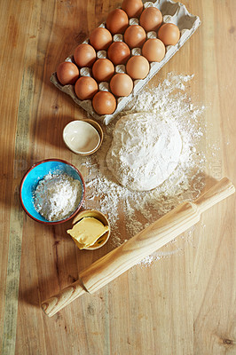 Buy stock photo High angle shot of a group of ingredients on a kitchen counter