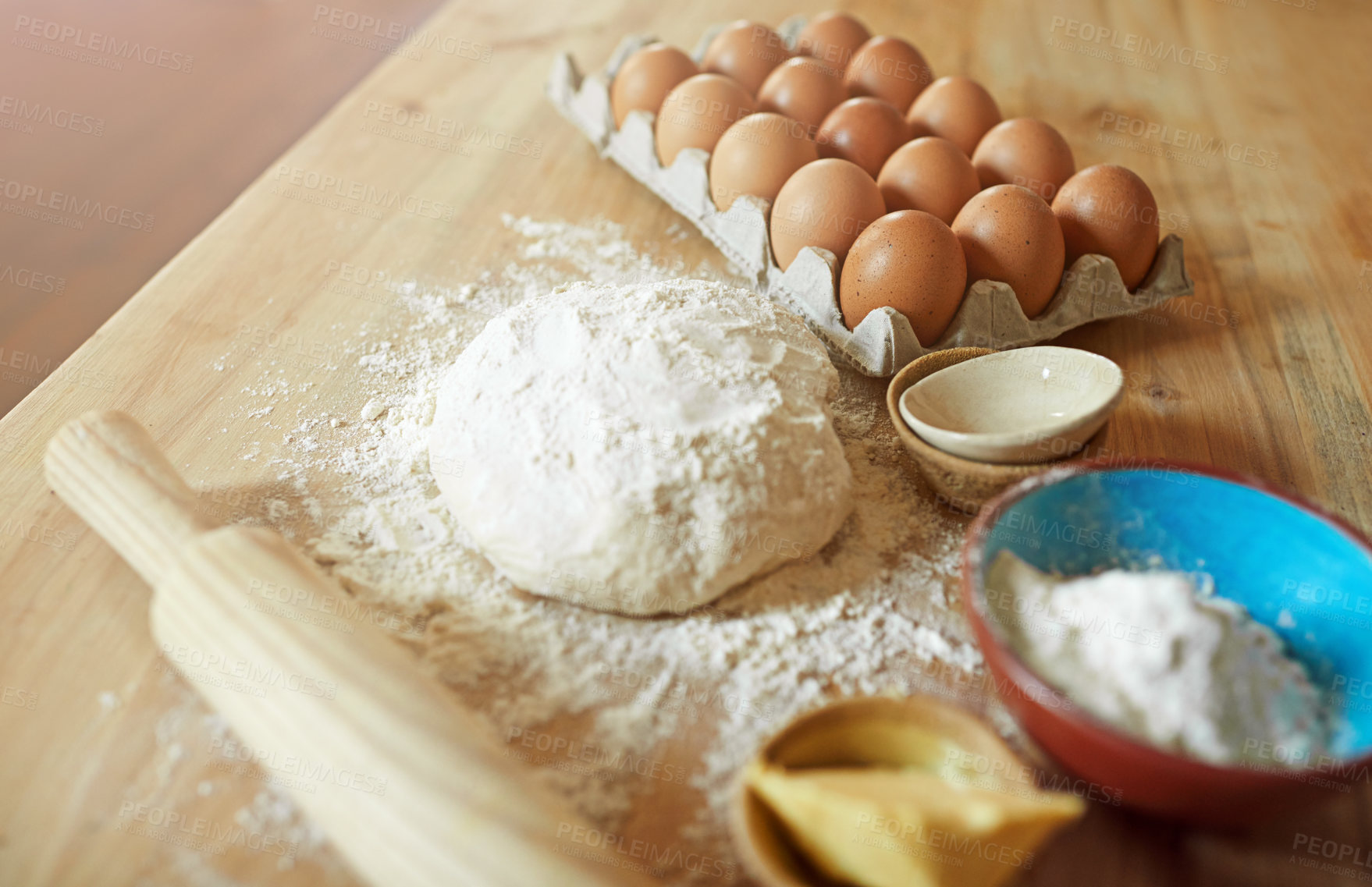 Buy stock photo Baking, eggs and flour with dough for butter, cooking or bread production in kitchen. Above, ingredients and nutrition with rolling pin and food in home for dessert, culinary and pastry preparation