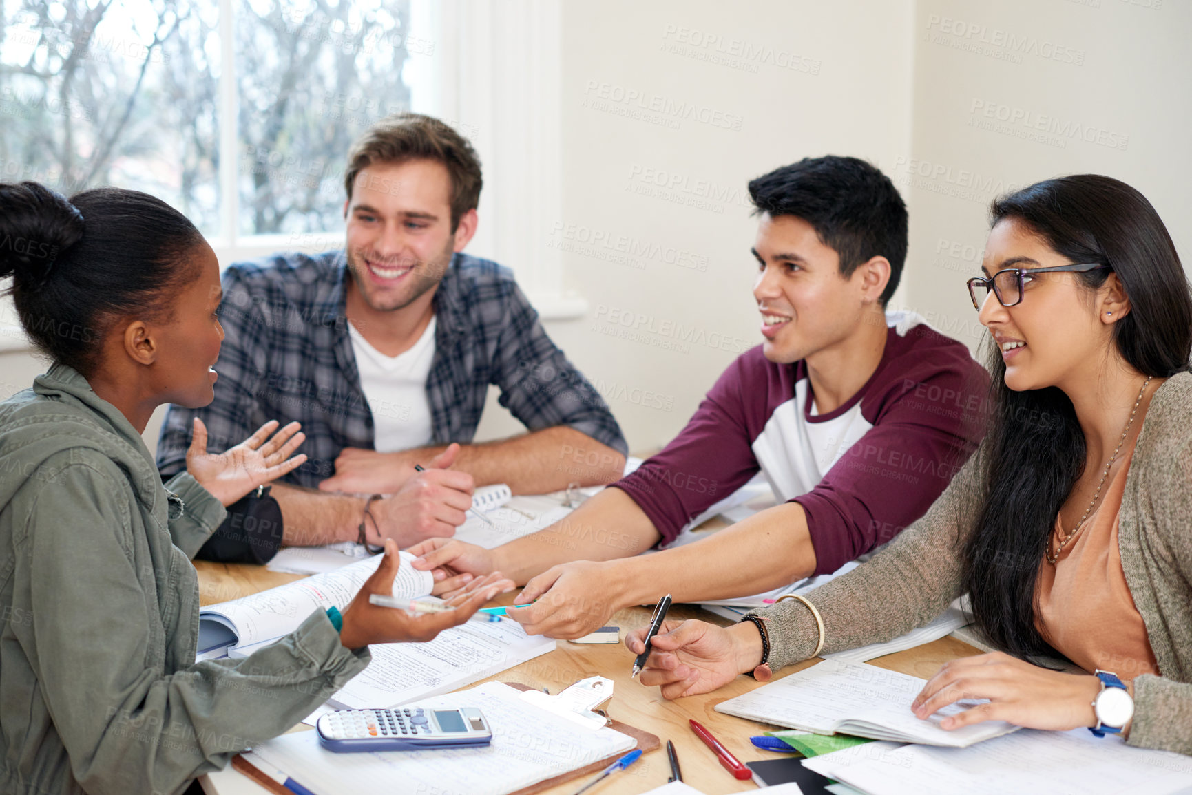 Buy stock photo Calculator, education and smile with study group friends at table for development, learning or mathematics. Books, talking and school with student people at home together for exam preparation