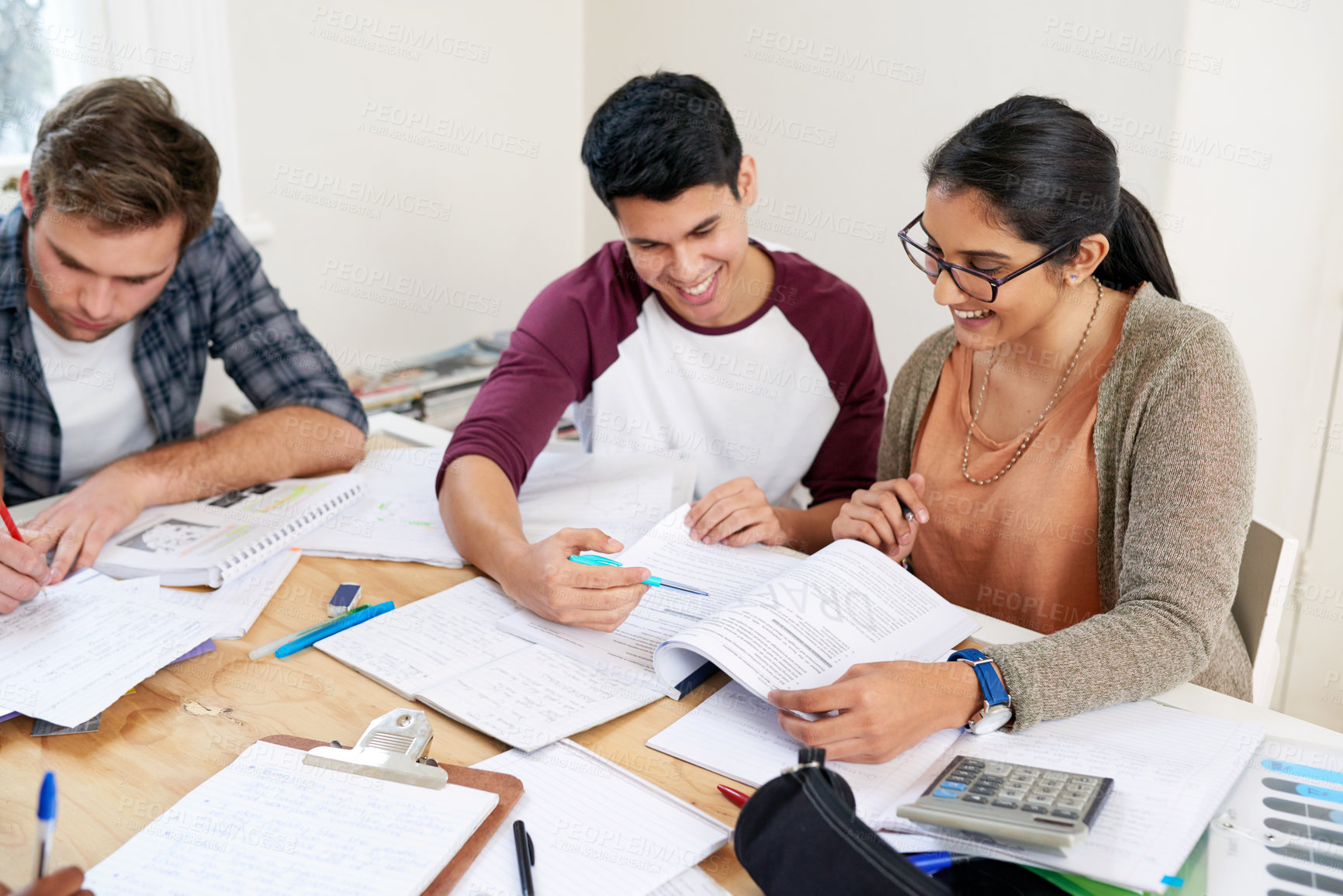 Buy stock photo Group, students and reading book in college library for learning, knowledge or brainstorming test. University, friends and happy people studying for math education, help and exam preparation in class