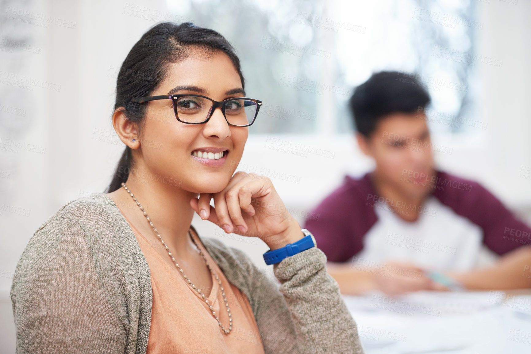 Buy stock photo Portrait, Indian girl and student with glasses in class, learning and smile for vision in high school. Proud, happy and face of person with confidence for knowledge, education and studying in academy