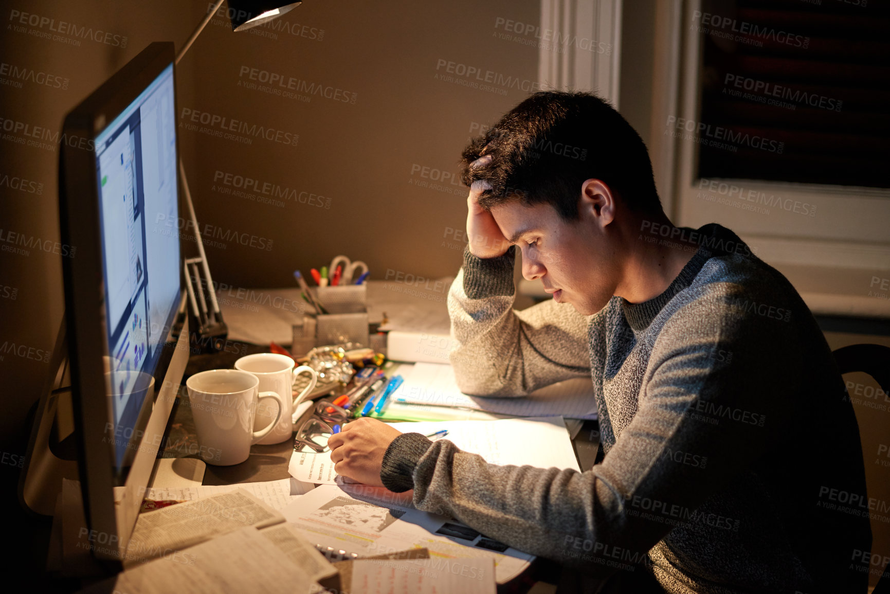 Buy stock photo Man, studying and stress in night by computer for test, assessment or headache in college dorm. Male university student, education and burnout with anxiety, fatigue and tired with books for learning