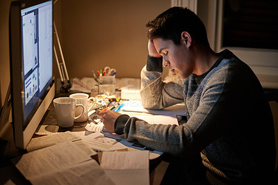 Buy stock photo Man, studying and tired in night by computer for test, assessment or stress in college dorm room. Male university student, education and burnout with fear, fatigue and anxiety with books for learning
