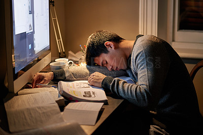 Buy stock photo Young student, books and sleeping near screen or studying late into the night or resting on table and reading for examination. Tired, research and hard working for test paper or computer at home 
