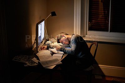 Buy stock photo Student, university and sleeping or studying late into the night on screen or fatigue on table and reading for examination. Tired, research and hard work for test paper or computer at college