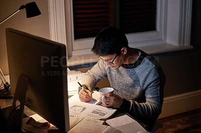 Buy stock photo Young, man and student studying at night on a desk computer in a bedroom. College, guy and learning at apartment with coffee to study with technology and the internet for education at university. 