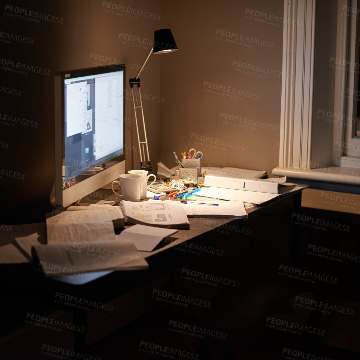 Buy stock photo Cropped shot of a pc and textbooks on a desk in a study
