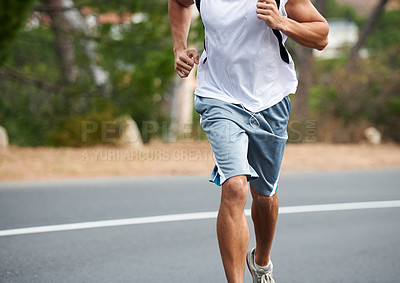 Buy stock photo Running, man and exercise in street for fitness, workout and commitment in training for marathon. Runner, freedom and performance challenge for athlete, motivation and growth in mindset for health