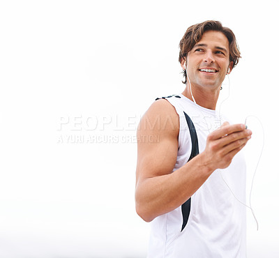 Buy stock photo Fitness, man and listening to music for exercise, smile and playlist for fitness, audio and sound. Happy male athlete, earphones and hear a song, inspirational podcast for workout, run and sport