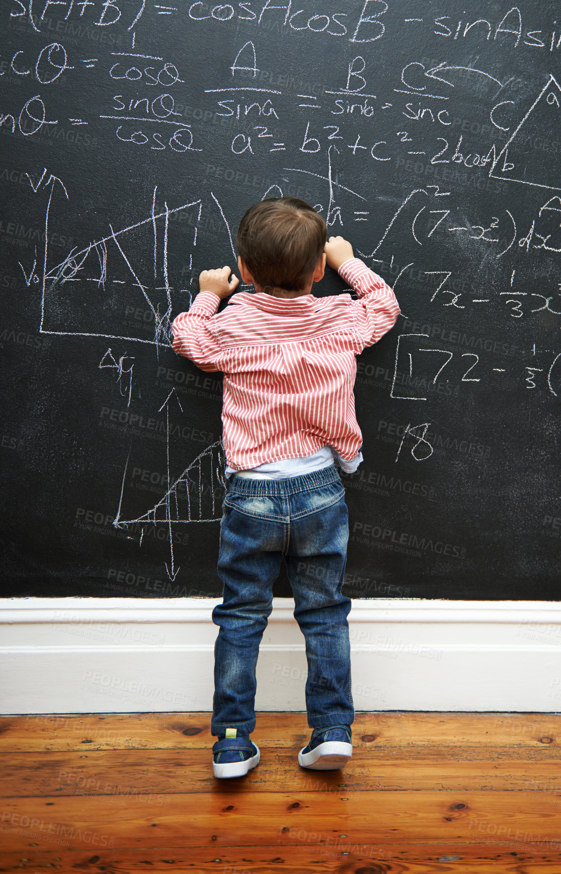 Buy stock photo Math, blackboard and child writing in school for learning, development and young boy genius in classroom. Kid, numbers and formula on chalkboard with knowledge for education, growth and solution