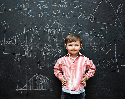 Buy stock photo Smart, child and math on chalkboard for school, learning and education with ideas, thinking or confidence. Genius and clever kid, boy or student with equation, numbers and test for IQ or intelligence