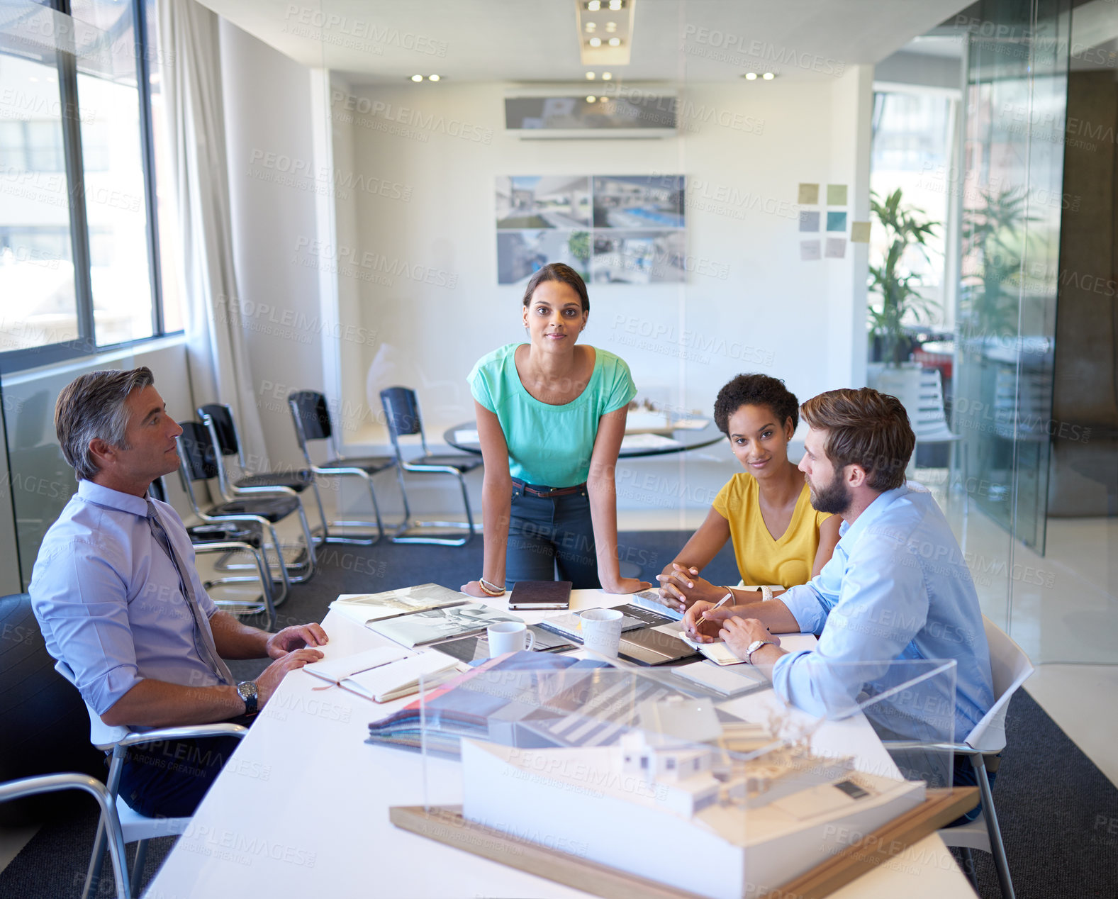 Buy stock photo Business, people and meeting in boardroom with planning or strategy for building or infrastructure design. Employees, architects and coworking at office with brainstorming, teamwork and collaboration