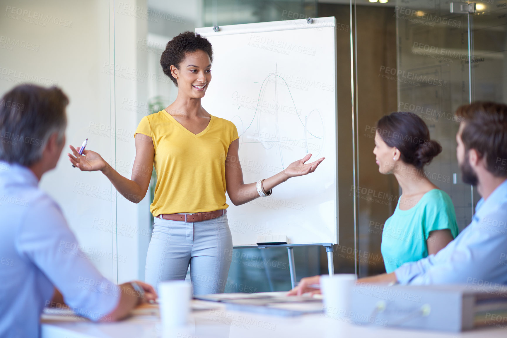 Buy stock photo Woman, speaker and presentation meeting in office with whiteboard, startup planning and ideas for business. Smile, people and training for financial growth, creative sale and feedback speech of goals