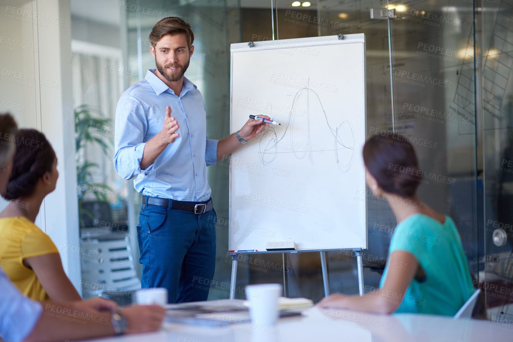 Buy stock photo Board, explain or people with leader for presentation, coaching or teaching sales ideas in startup. Marginal cost curve, planning or colleagues in meeting discussion for project or training group