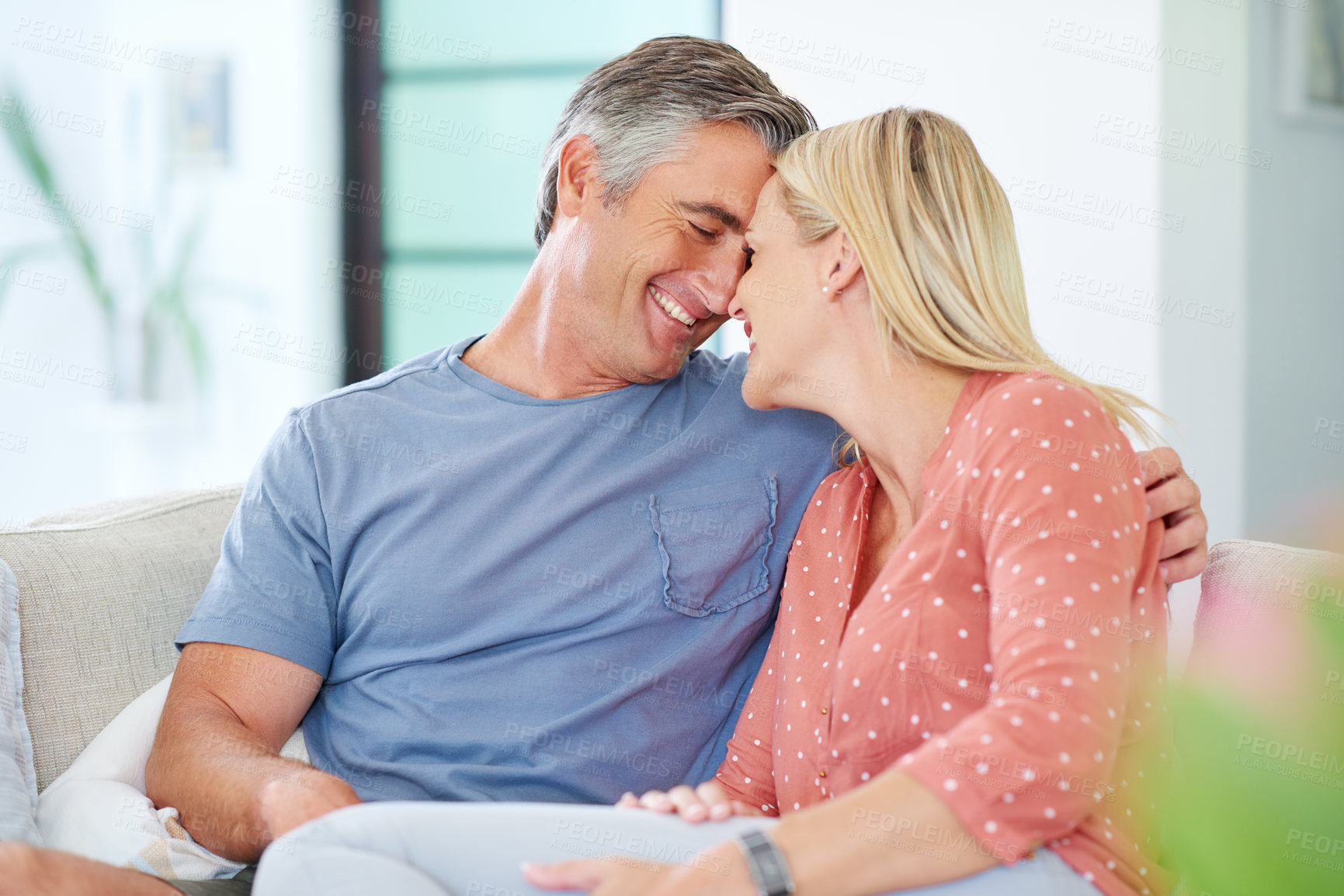 Buy stock photo Happy, couple and forehead touch at house with love, marriage commitment and healthy relationship. Smile, woman and man with embrace for safety, gratitude and bonding together of loyalty in morning