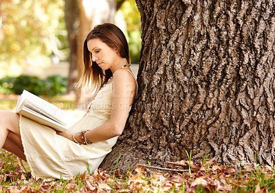Buy stock photo Woman, book and reading outdoors for fun, peace and calm in nature for travel adventure in New York. Happy female person, freedom and break by tree, literature and fiction in park, story or novel 